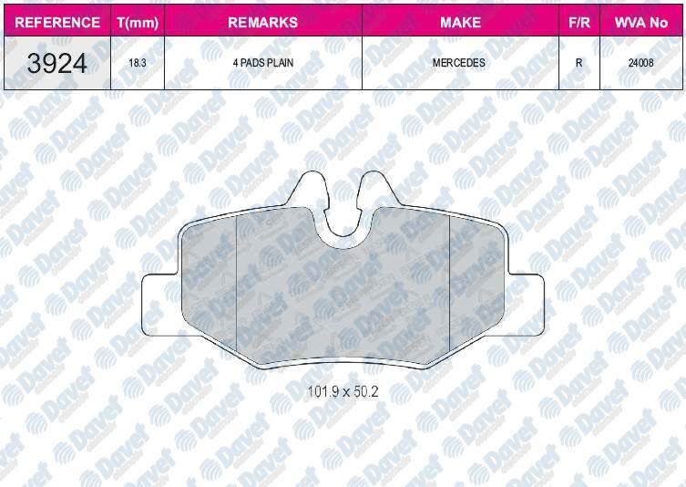 FERBE 46000 Fren Balatasi Arka Viano W639 3.0 - 3.2 Cdi - 2.2 09>03--> Vito W639 109 Cdi 2.2 - 111 Cdi 2.0 - 115 Cdi U:101.9mm---Y:50.5mm---K:18.3mm Wva 24008